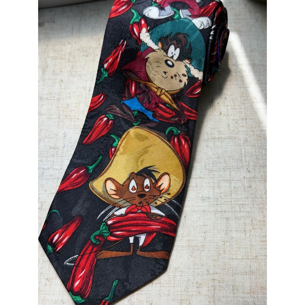 Vintage 1994 Looney Tunes Speedy Gonzales Chili Pepper Black Red Tie Mens